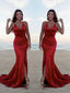Trumpet/Mermaid Halter Sweep Train Silk like Satin Prom Dresses With Leg Slit