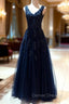 Tulle Dark Navy Prom Dress A-Line/Princess V-Neck Long/Floor-Length With Beaded Appliqued
