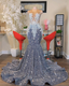 O Neck Silver Prom Dress, Plus Size Prom Dress, Sparkly Prom Dress Beaded Applique Prom Dress