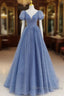 Tulle V Neck Short Sleeve Blue Sparkle Prom Dress With Bow