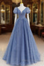 Tulle V Neck Short Sleeve Blue Sparkle Prom Dress With Bow