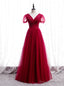 Tulle V-neck Short Sleeve Pleats Beading Sequins Prom Dress