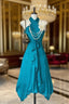 Turquoise A-Line Halter Satin Prom Dress Sexy Sleeveless Party Dress