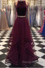 Two Pieces Maroon Long Prom Dress, Dark Burgundy 2 Pieces Formal Evening Dress