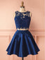Two Pieces Navy Blue Lace Top Satin A Line Short Homecoming Dress