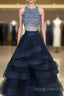 Two Pieces Navy Prom Dress Halter Neckline, Evening Dress, Graduation School Party Dance Dress