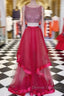Two Pieces Sequin Round Neck Tulle Long Red Prom Dress, Red Evening Dress