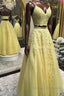 Two Pieces V Neck Yellow Lace Long Prom Dress, 2 Pieces Yellow Formal Dress, Yellow Lace Evening Dress