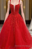 Red Tulle Lace A Line Formal Evening Dress Appliques Long Prom Dress