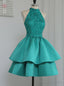 Unique A-line Halter Green Satin Short Homecoming Dresses