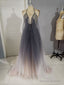 Unique A line V Neck Tulle Long Prom Dress, Tulle Evening Dress