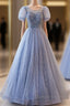 Unique And Beautiful Sky Blue Low Round Neck Short Sleeved Beaded Sequin Ball Dress With Sky Blue A-Line/Princess Backless Strap And Ground Length Evening Dress