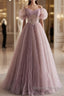 Unique And Elegant Dark Pink Sequin Off The Shoulder Short Sleeved Ball Dress Dark Pink A-Line Princess Glitter Beaded Backless And Ground Length Prom Dress