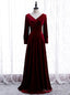 Unique Burgundy Velvet Long Sleeve V-neck Pleats Prom Dress