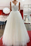 Unique Ivory Long Princess V-neck Tulle Lace Wedding Dress