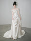 Unique Mermaid Off The Shoulder Pleats Short Sleeves Satin Ivory Wedding Dress