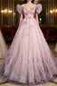 Unique Powder Blusher Pink Glitter Sequins Off Shoulder Rhinestone Applique Short Sleeve Prom Dress Powder Blusher Pink A-Line Princess Backless Strap Long Evening Dress