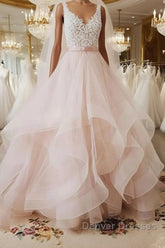 Unique v neck tulle lace long prom Dress, tulle wedding Dress