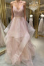 Unique v neck tulle sequin long prom Dress sequin formal Dress