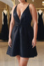V Neck and V Back Black Satin Short Prom Homecoming Dress, V Neck Black Formal Graduation Evening Dress, Black Cocktail Dress