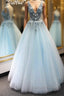 V Neck Appliques Blue Lace Long Prom Dress, Floral Blue Lace Formal Dress, Lace Blue Evening Dress, Ball Gown