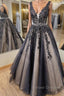 V Neck Backless Black Lace Long Prom Dress, Black Lace Formal Dress, Black Evening Dress