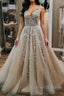 V Neck Backless Champagne Tulle Lace Long Prom Dress, Champagne Lace Formal Evening Dress, Champagne Ball Gown