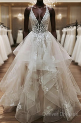 V Neck Backless Light Champagne Lace Wedding Dress, Open Back Champagne Lace Formal Prom Dress