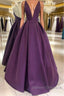 V Neck Backless Purple Satin Long Prom Dress, Backless Purple Formal Dress, Purple Evening Dress