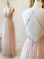 V Neck Backless Rose Gold Prom Dresses, Open Back Rose Gold Formal Bridesmaid Dresses