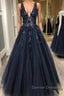 V Neck Beaded Black Lace Appliques Long Prom Dress, Black Lace Formal Graduation Evening Dress
