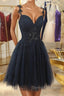 V Neck Beaded Navy Blue Lace Prom Dress, Navy Blue Lace Homecoming Dress, Short Navy Blue Formal Graduation Evening Dress