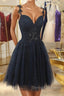 V Neck Beaded Navy Blue Lace Prom Dress, Navy Blue Lace Homecoming Dress, Short Navy Blue Formal Graduation Evening Dress
