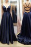 V Neck Black Satin Long Prom Dress, Black V Neck Long Satin Formal Evening Dress