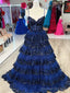 V Neck Blue White Red Layered Lace Prom Dresses, V Neck Blue White Red Lace Formal Evening Dresses