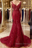 V Neck Burgundy Mermaid Lace Prom Dress, Wine Red Mermaid Lace Formal Bridesmaid Dress