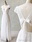 V Neck Cap Sleeves White Long Lace Prom Dresses, Cap Sleeves White Lace Wedding Formal Evening Dresses