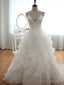 V Neck Court Train Backless White Wedding Dress, Backless Wedding Prom Gowns