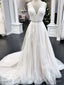 V Neck Ivory Lace Wedding Dresses, Ivory Lace Prom Formal Dresses