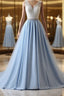 V Neck Light Blue Lace Prom Dress, Light Blue Lace Formal Evening Dress