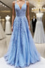 V Neck Long Blue Lace Prom Dress, Blue Long Lace Formal Evening Bridesmaid Dress