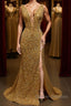 V Neck Mermaid Golden Sequins Long Prom Dress with High Slit, Mermaid Golden Formal Dress, Gold Sequins Evening Dress