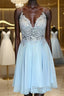 V Neck Open Back Blue Lace Short Prom Dress, Blue Lace Homecoming Dress, Short Blue Formal Evening Dress