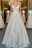 V Neck Open Back Champagne Lace Long Prom Dress, Champagne Lace Formal Graduation Evening Dress