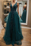 V Neck Open Back Dark Green Lace Beaded Long Prom Dress, Dark Green Lace Formal Dress, Dark Green Evening Dress