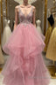 V Neck Open Back Pink Lace Puffy Tulle Long Prom Dress, Pink Lace Formal Dress, Pink Evening Dress