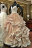 V Neck Organza Ruffles Champagne Wedding Dress Ball Gown Ivory Lace Appliques