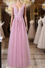 V Neck Pink Lace Prom Dress, Pink V Neck Lace Bridesmaid Formal Dress