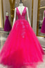 V Neck Pink Lace Prom Dress, Pink V Neck Long Lace Formal Evening Dress