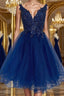 V Neck Short Blue Lace Prom Dress, Blue Lace Homecoming Dress, Short Blue Formal Graduation Evening Dress